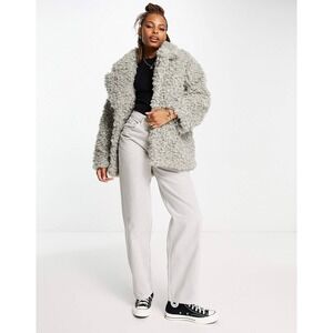 Size Small - Monkl Womens Gray Curly Faux Fur Teddy Coat Notched Lapel Jacket